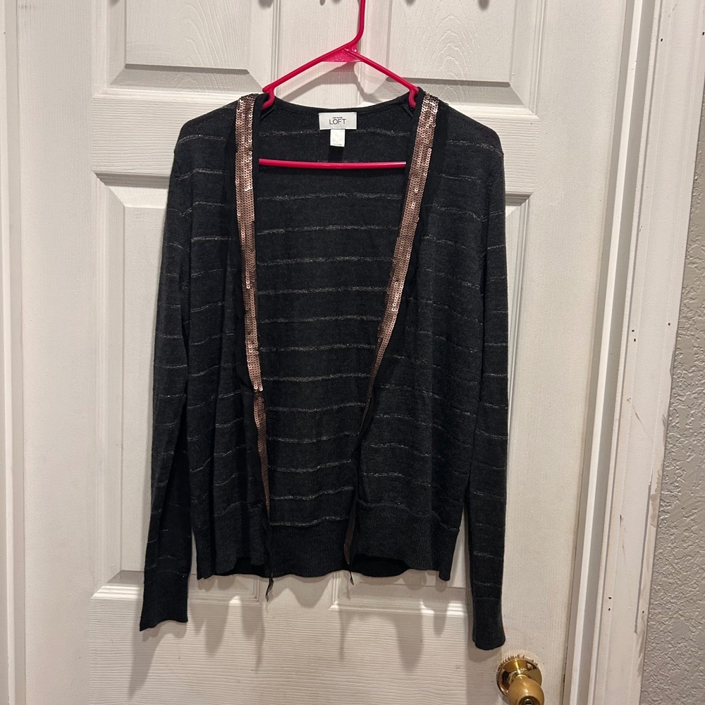 Ann Taylor LOFT Women's Wool Gray Striped Sequin Open‎ Front Cardigan Sweater L